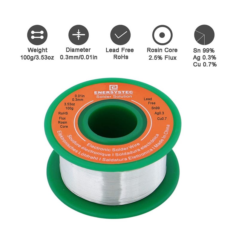 E ENERSYSTEC Ultra Thin Solder Wire Lead Free Rosin Core Flux Alloy Soldering 0.01in 0.3mm 100g Sn99 Ag0.3 Cu0.7 Flow 100g for Electronics Soldering Electrical Solder - Image 2